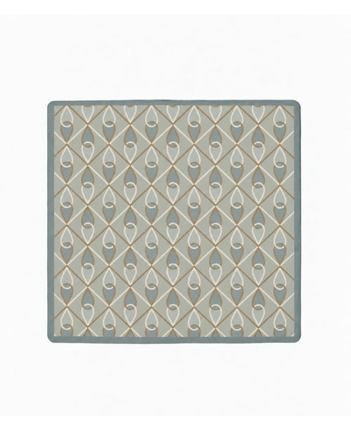 Patina mahjong mat with an antique-inspired diamond pattern in slate blue, beige and gray